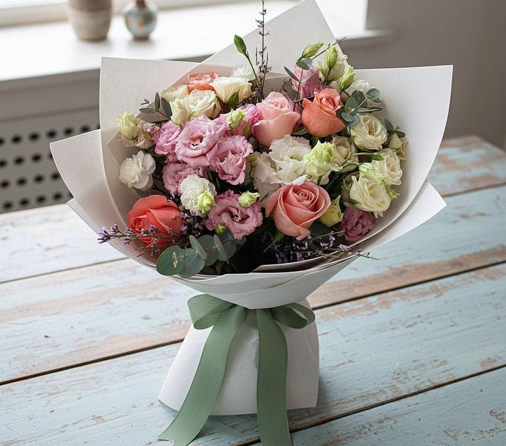 Букет цветов из: Розы, Лизиантусы и Гвоздики в Палласовке